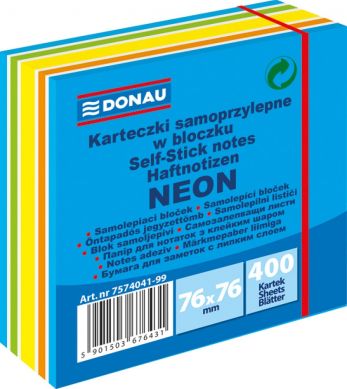 Notes samoprzylepny DONAU, 76x76mm, 1x400 kart., neon-pastel, mix niebieski,7574041-99