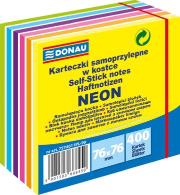 Notes samoprzylepny DONAU, 76x76mm, 1x400 kart., neon-pastel, mix kolorw, 7574011PL-99